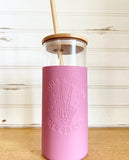 Silicone Glass Tumbler with Bamboo Lid and Straw. Cup.